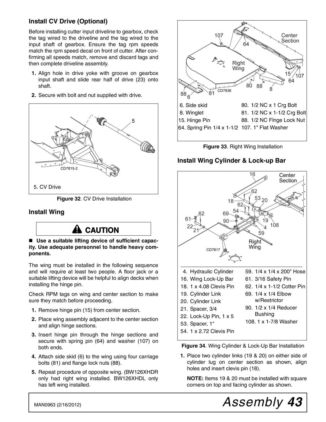 Woods Equipment BW180XHDQ, BW126XHDQ manual Install CV Drive Optional, Install Wing Cylinder & Lock-up Bar 