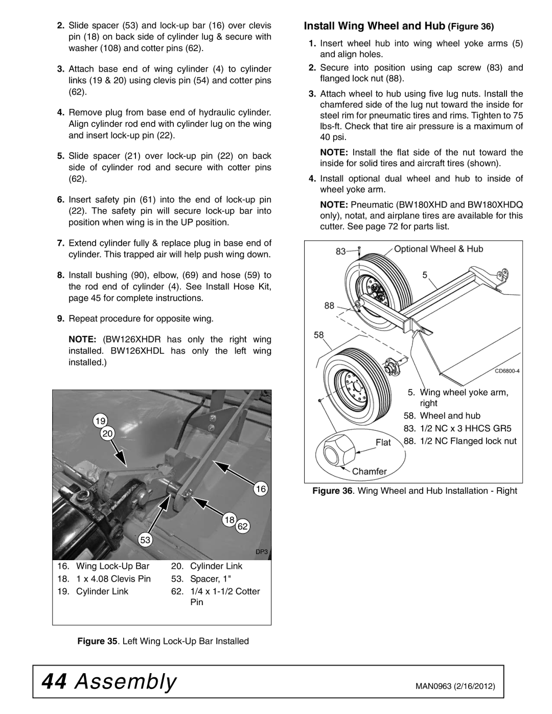 Woods Equipment BW180XHDQ, BW126XHDQ manual Install Wing Wheel and Hub Figure, Left Wing Lock-Up Bar Installed 