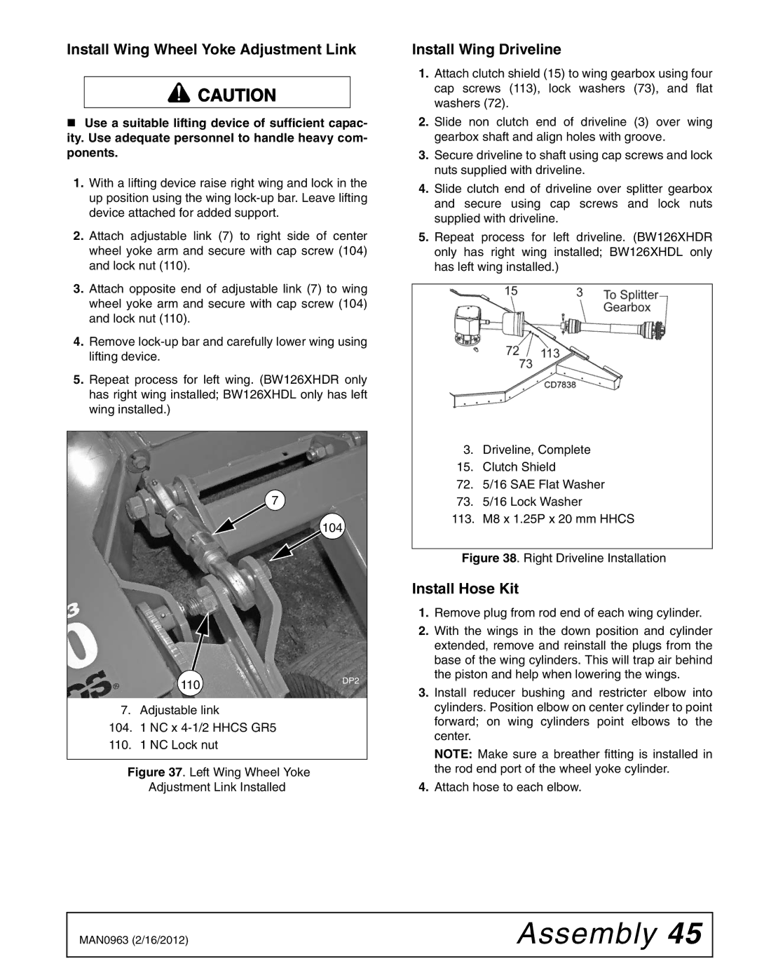 Woods Equipment BW180XHDQ, BW126XHDQ Install Wing Wheel Yoke Adjustment Link, Install Wing Driveline, Install Hose Kit 