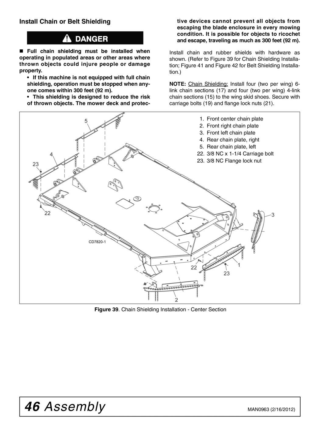 Woods Equipment BW126XHDQ, BW180XHDQ manual Install Chain or Belt Shielding, Chain Shielding Installation Center Section 