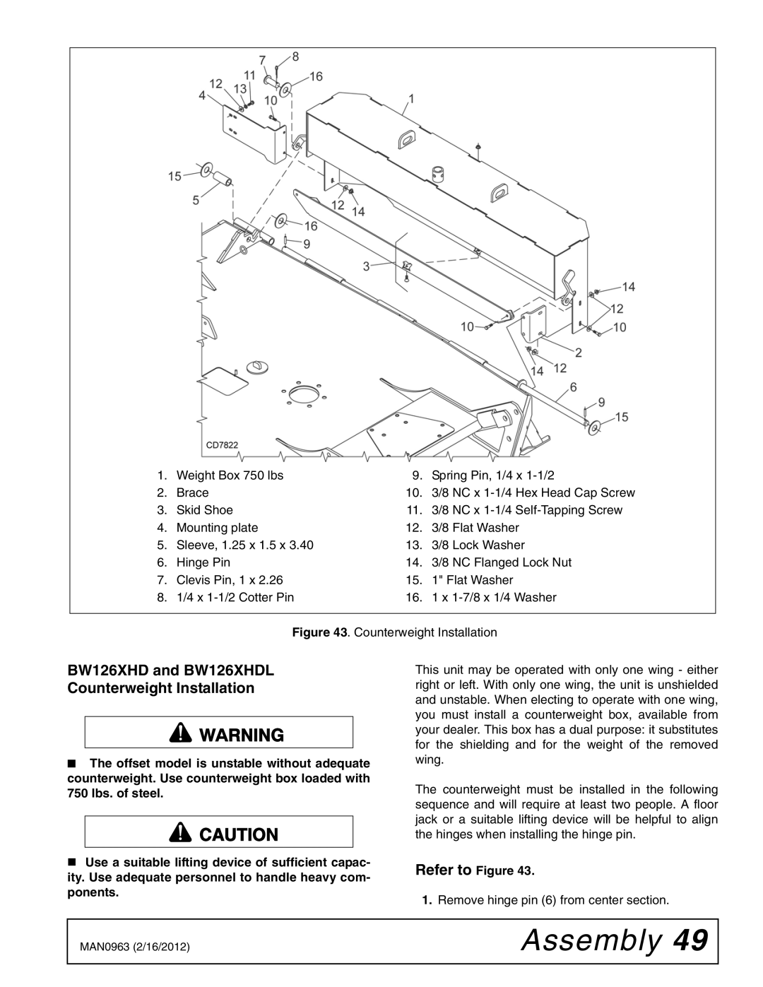 Woods Equipment BW180XHDQ, BW126XHDQ manual BW126XHD and BW126XHDL Counterweight Installation 