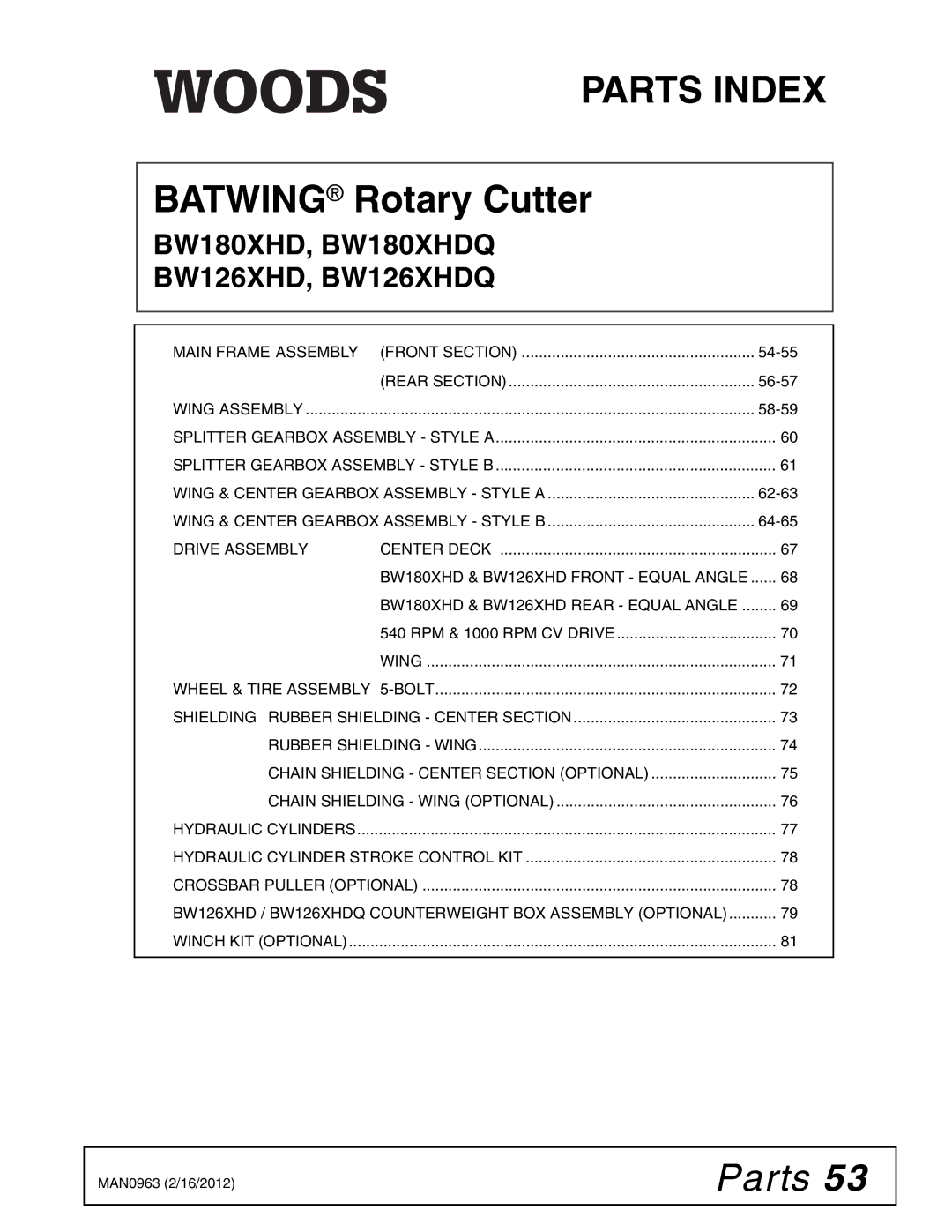 Woods Equipment manual Parts, BW180XHD, BW180XHDQ BW126XHD, BW126XHDQ 