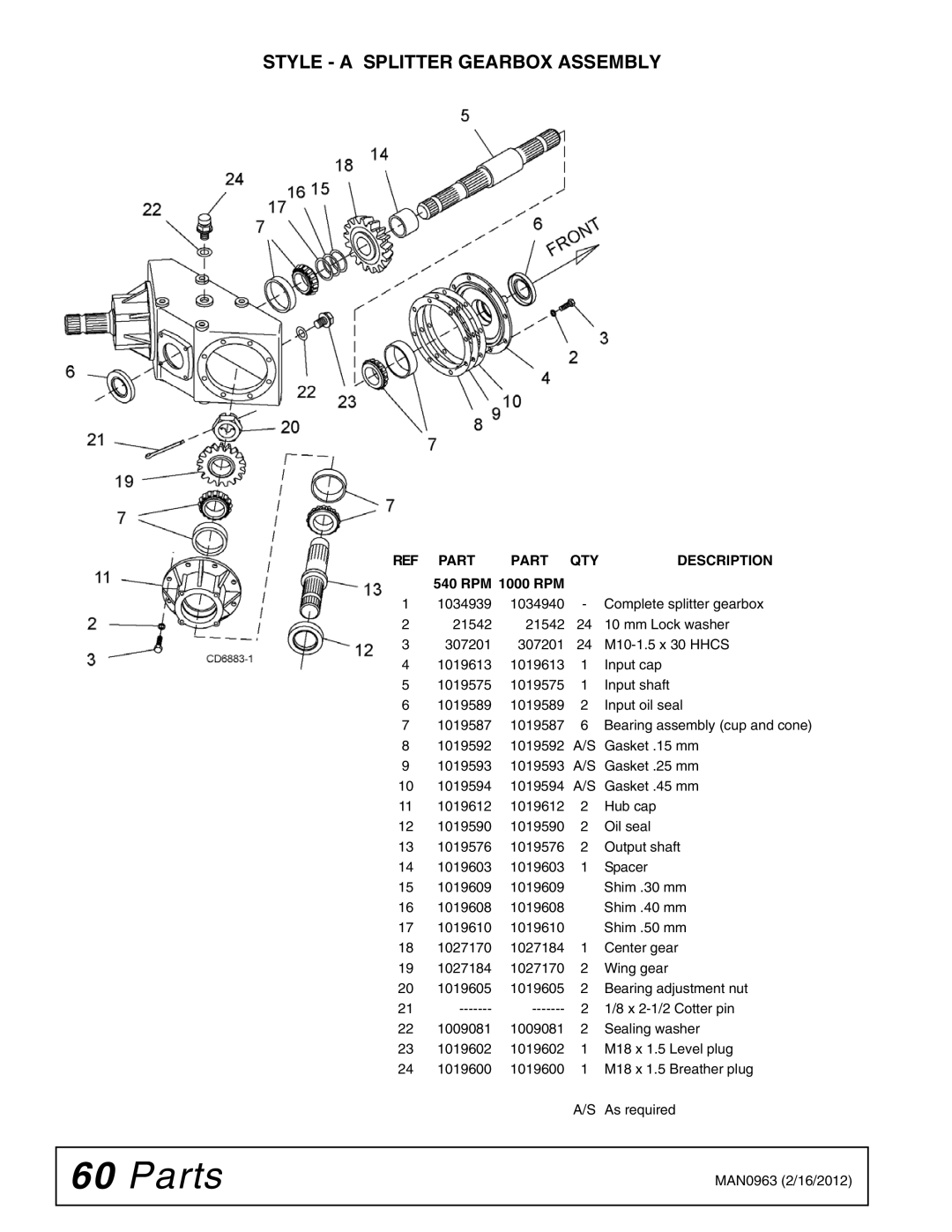 Woods Equipment BW180XHDQ, BW126XHDQ manual Style a Splitter Gearbox Assembly, RPM 1000 RPM 