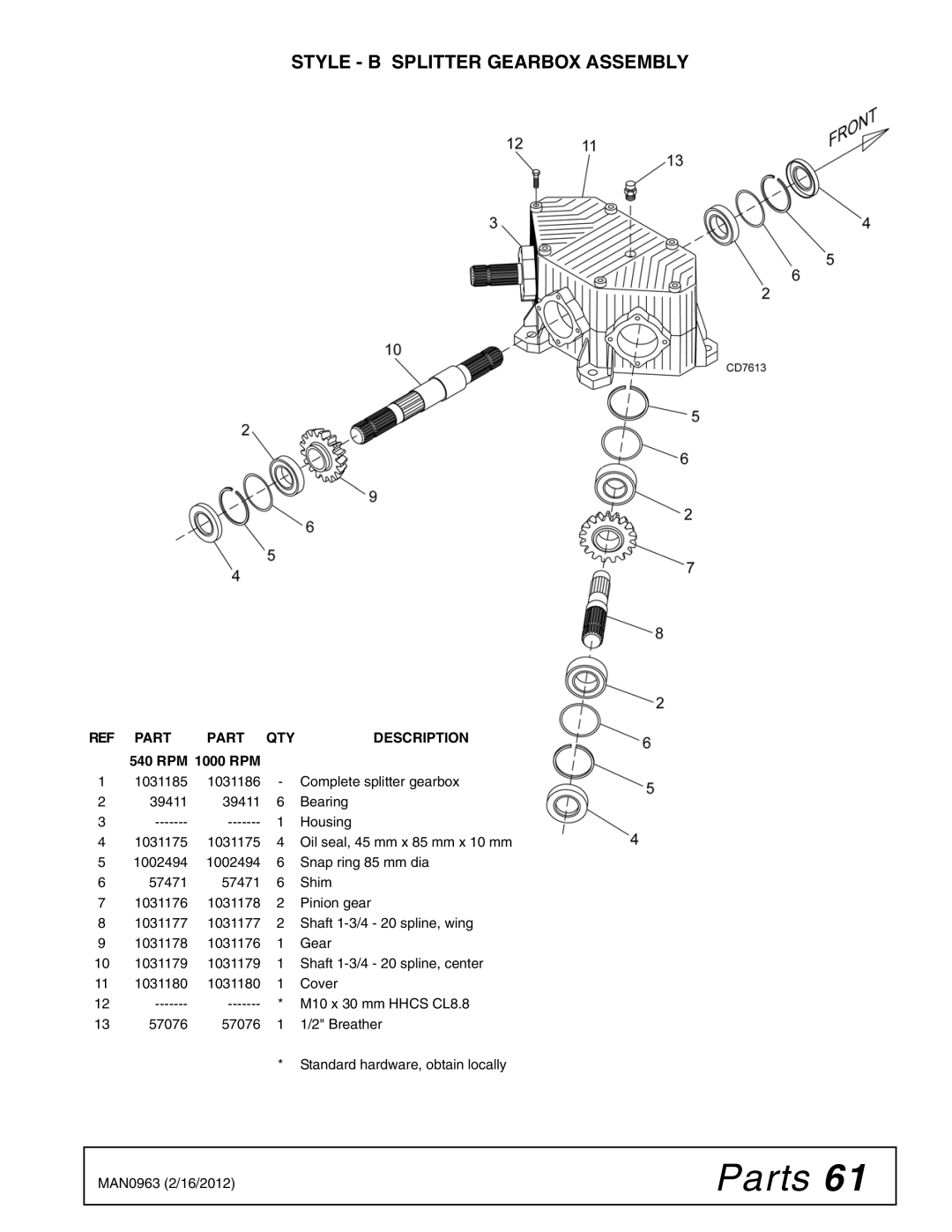 Woods Equipment BW180XHDQ, BW126XHDQ manual Style B Splitter Gearbox Assembly 