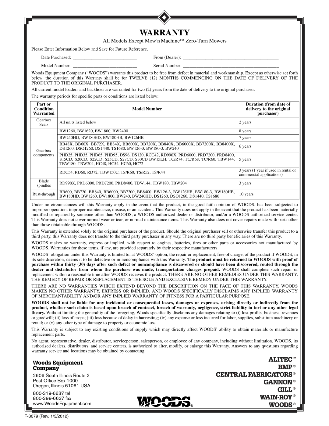 Woods Equipment BW180XHDQ, BW126XHDQ manual Warranty 