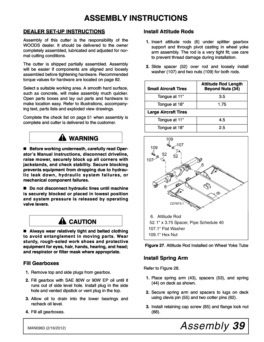Woods Equipment BW126XHD manual Assembly Instructions, Dealer Set-Upinstructions, Fill Gearboxes, Install Attitude Rods 