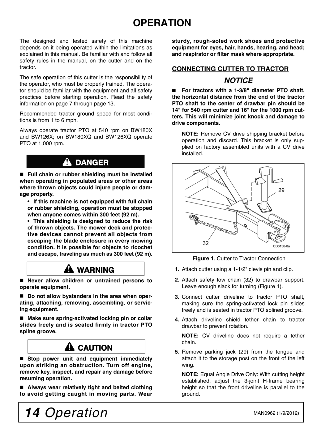 Woods Equipment BW180XQ, BW126XQ manual Operation, Connecting Cutter to Tractor 