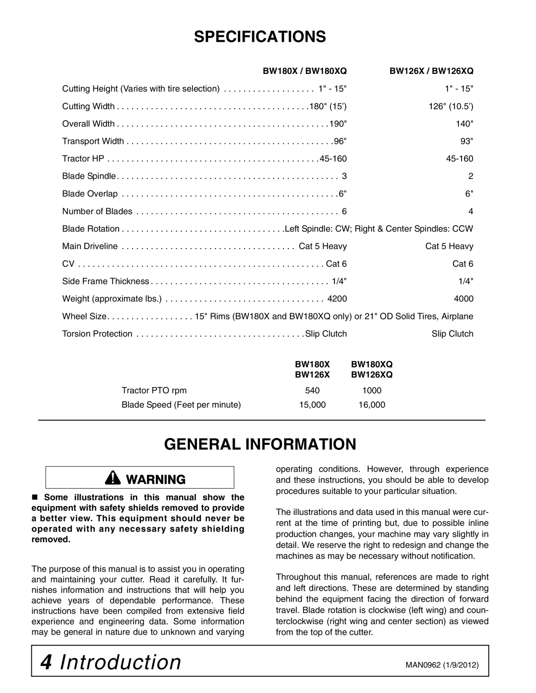 Woods Equipment BW180XQ, BW126XQ manual Specifications, General Information 