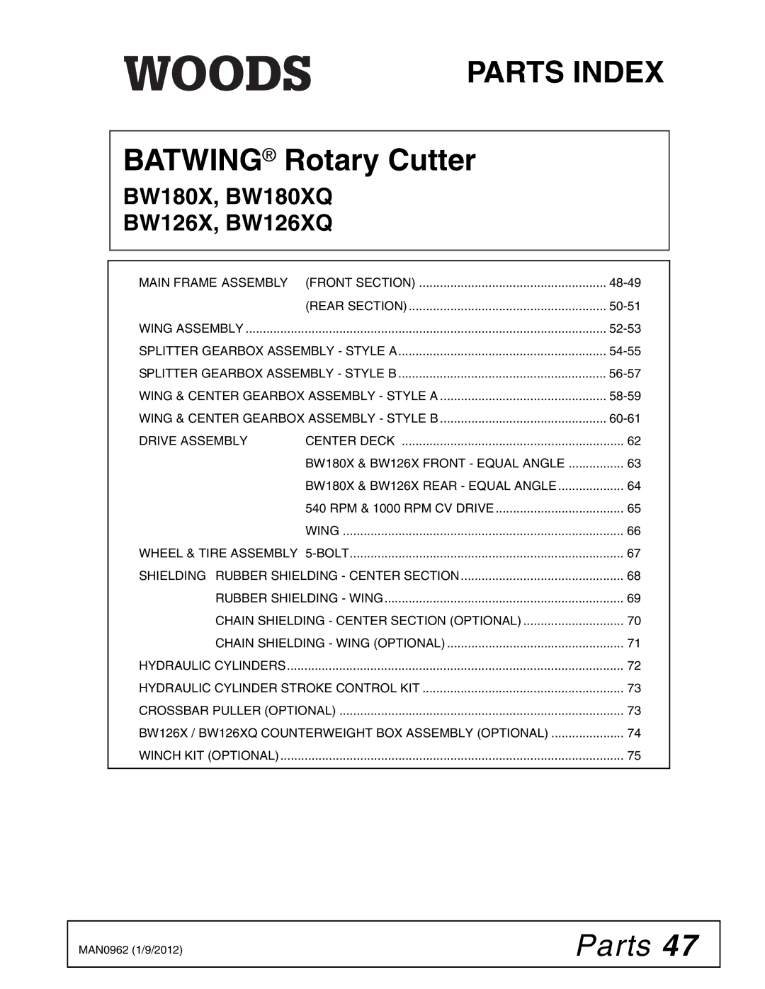 Woods Equipment BW180XQ, BW126XQ manual Parts Index 