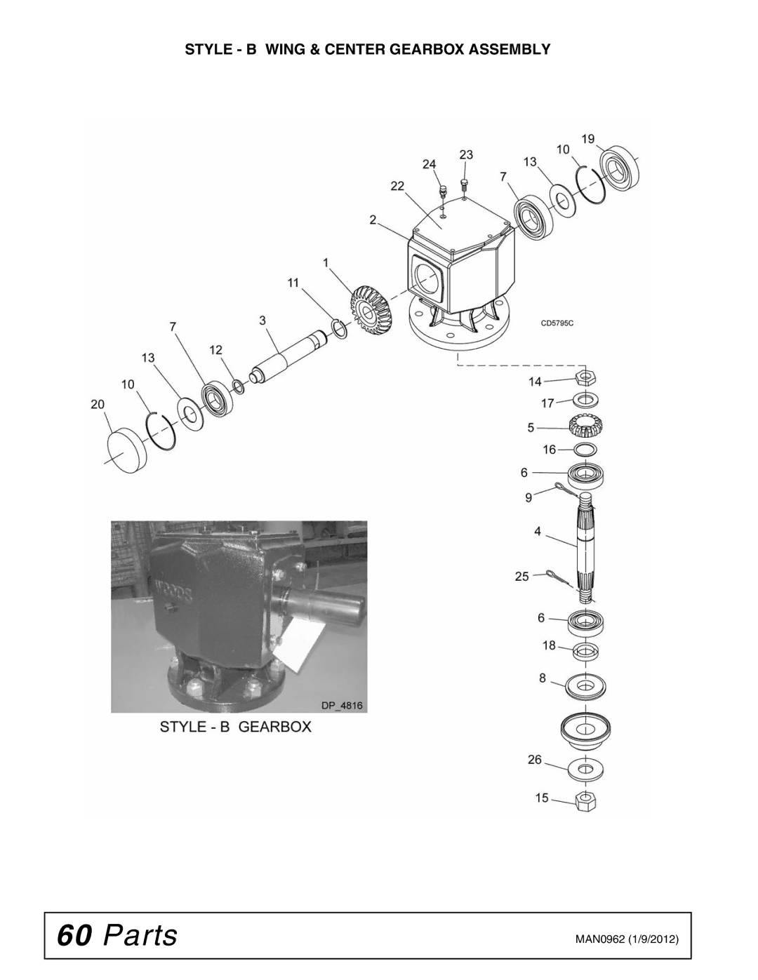 Woods Equipment BW180XQ, BW126XQ manual Style B Wing & Center Gearbox Assembly 