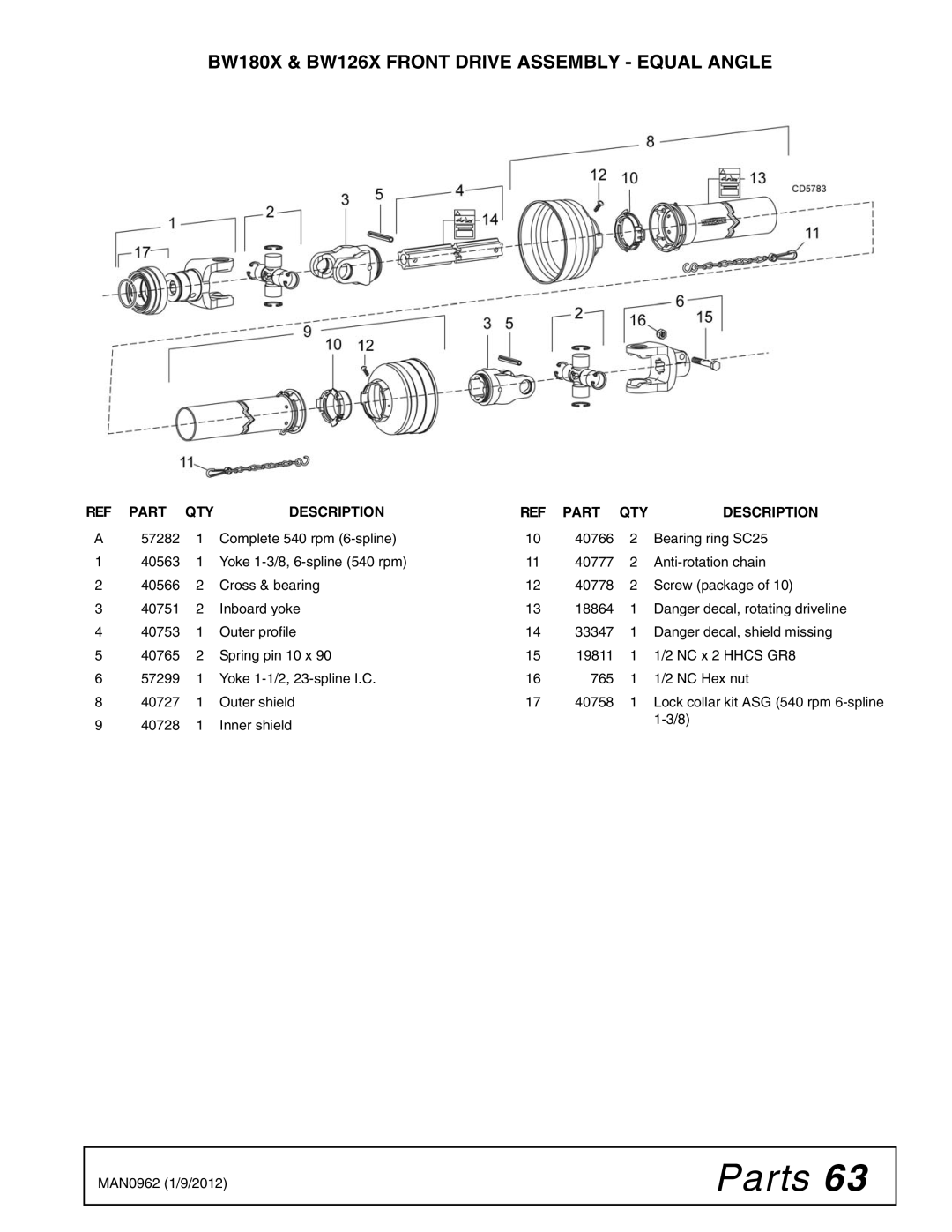 Woods Equipment BW180XQ, BW126XQ manual BW180X & BW126X Front Drive Assembly Equal Angle 