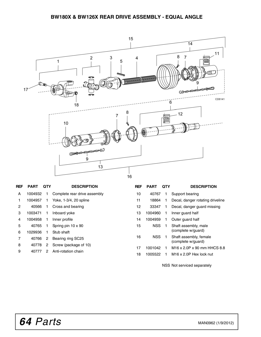 Woods Equipment BW180XQ, BW126XQ manual BW180X & BW126X Rear Drive Assembly Equal Angle 