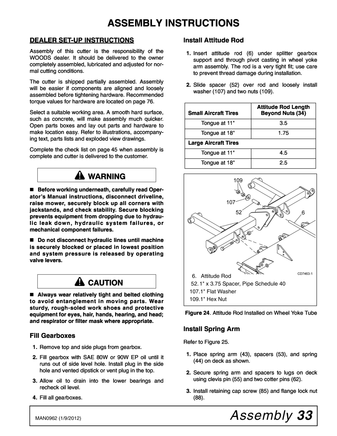 Woods Equipment BW126XQ manual Assembly Instructions, Dealer Set-Up Instructions, Fill Gearboxes, Install Attitude Rod 