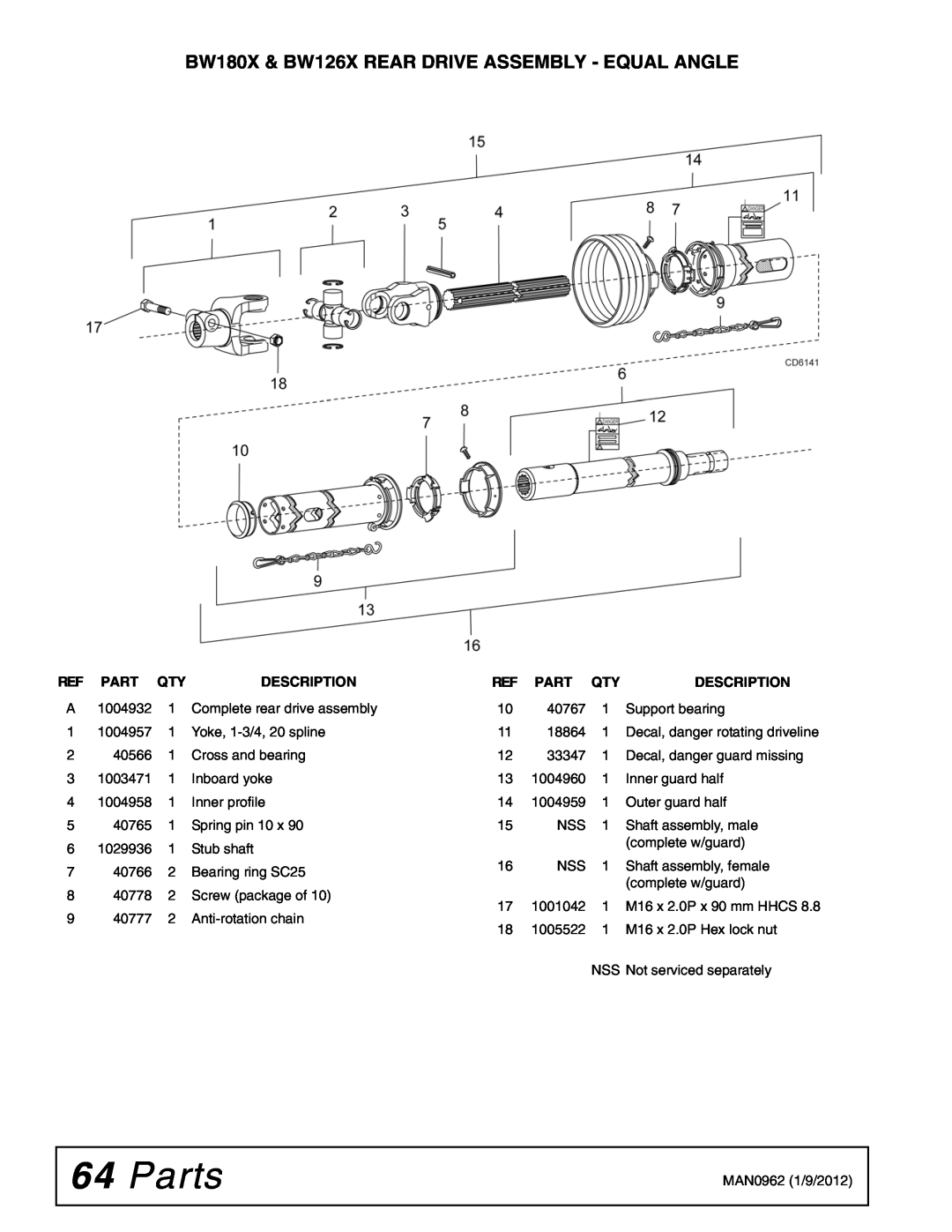 Woods Equipment BW180XQ, BW126XQ manual Parts, BW180X & BW126X REAR DRIVE ASSEMBLY - EQUAL ANGLE, Description 