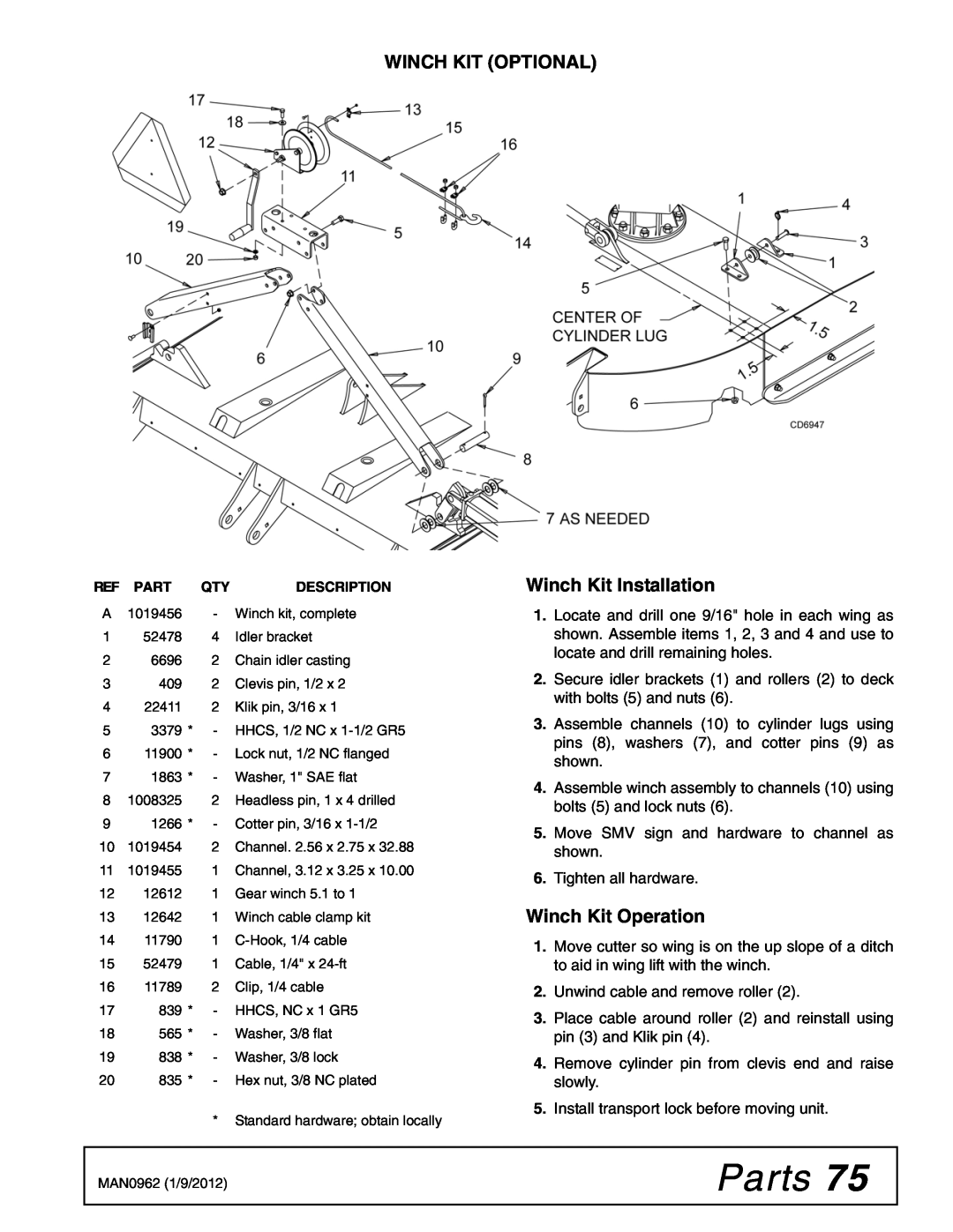 Woods Equipment BW180XQ, BW126XQ manual Parts, Winch Kit Optional, Winch Kit Installation, Winch Kit Operation 