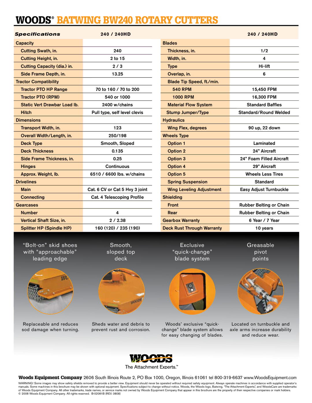 Woods Equipment BW240 warranty Woods batwing bw240 Rotary CUTTERs, Specifications, 240 / 240HD 