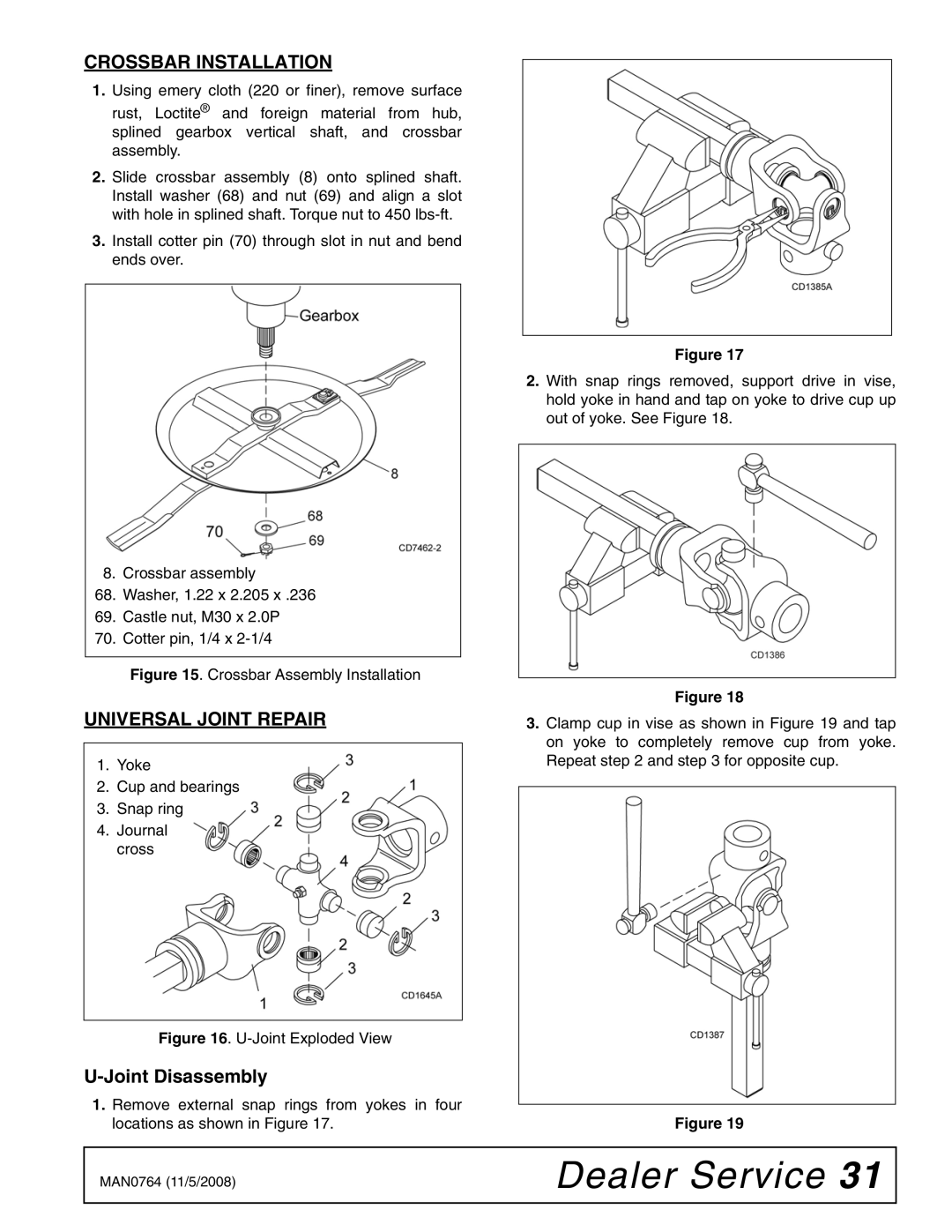 Woods Equipment BW2400XQ, BW1620XQREV manual Crossbar Installation, Universal Joint Repair, Joint Disassembly 