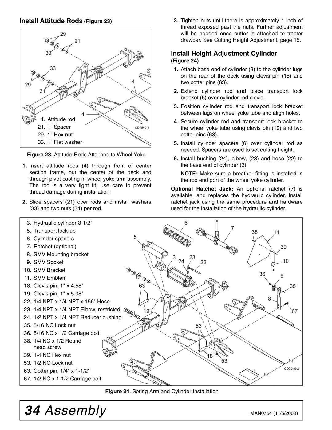 Woods Equipment BW2400XQ, BW1620XQREV manual Install Attitude Rods Figure, Install Height Adjustment Cylinder 