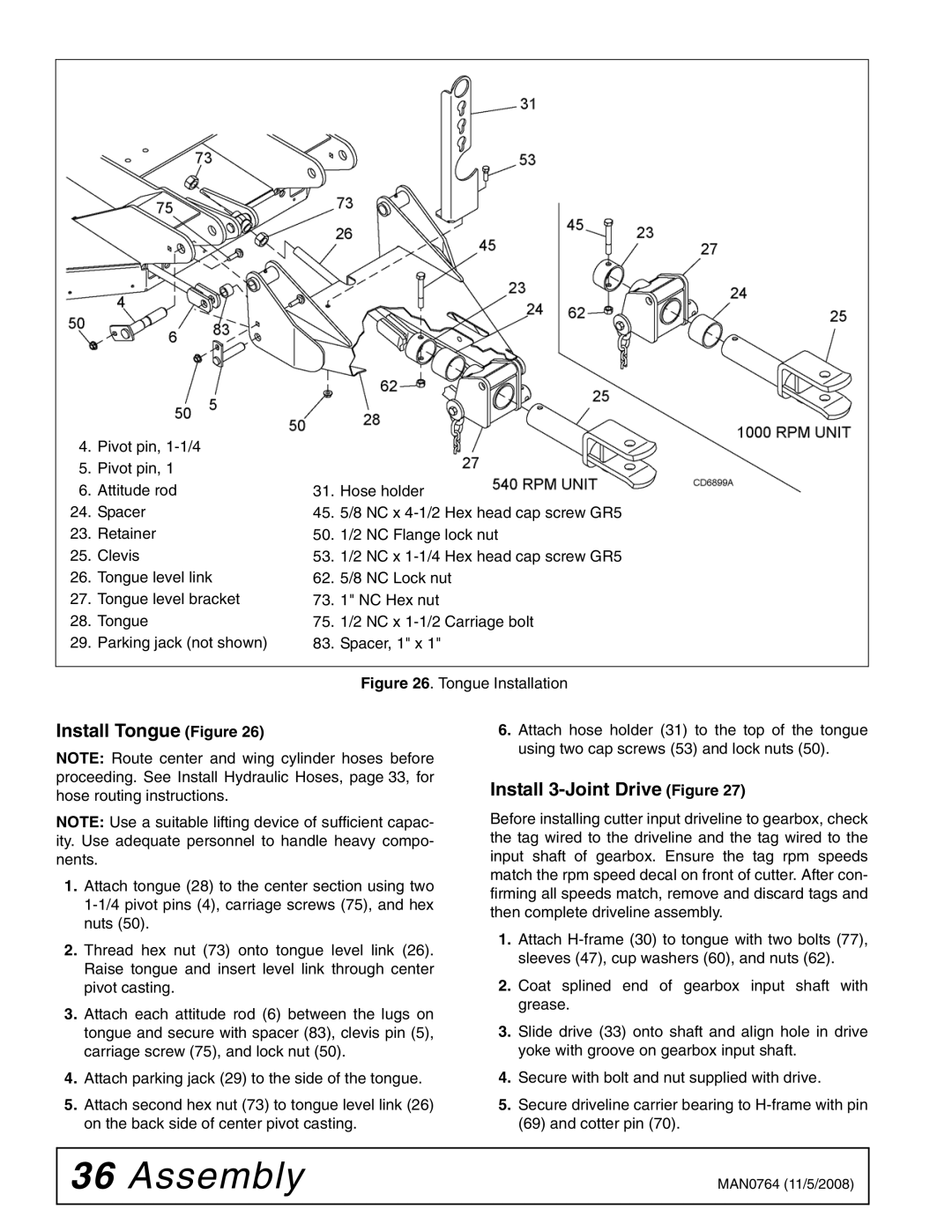 Woods Equipment BW2400XQ, BW1620XQREV manual Install Tongue Figure, Install 3-Joint Drive Figure 