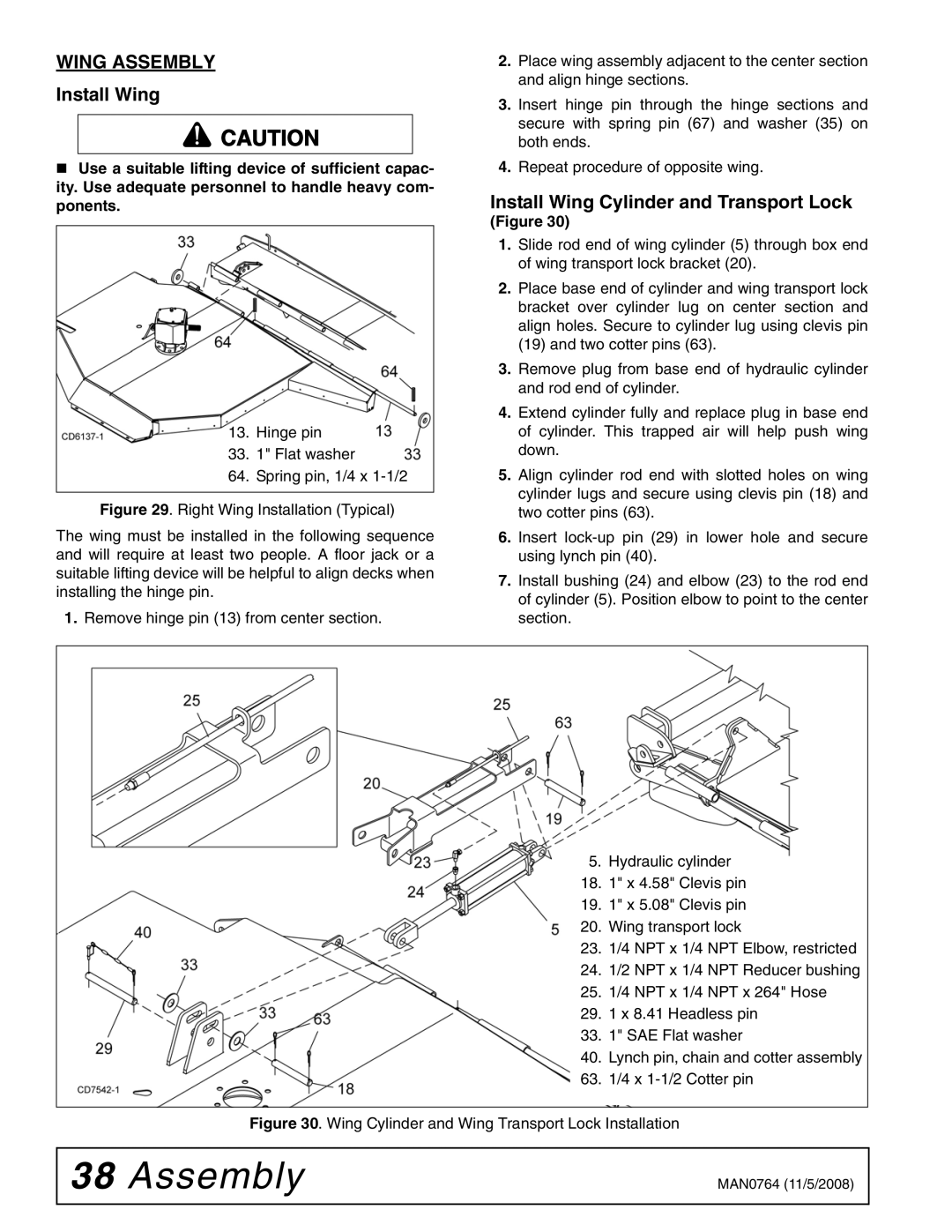 Woods Equipment BW1620XQREV, BW2400XQ manual Wing Assembly, Install Wing Cylinder and Transport Lock 