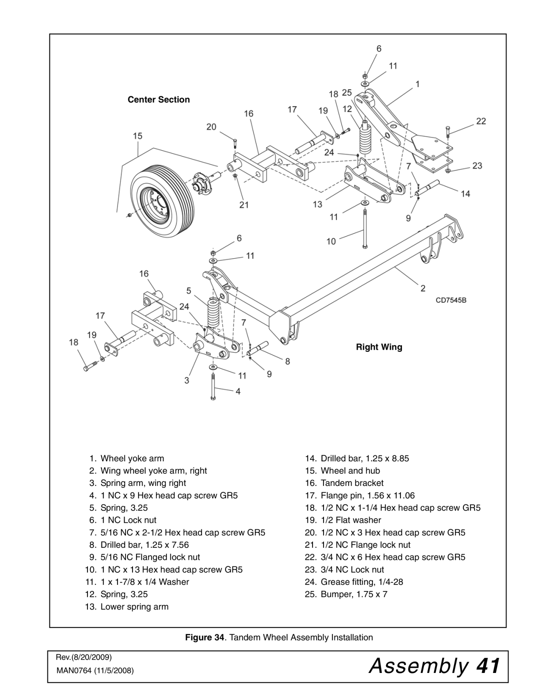 Woods Equipment BW2400XQ, BW1620XQREV manual Center Section Right Wing, Tandem Wheel Assembly Installation 