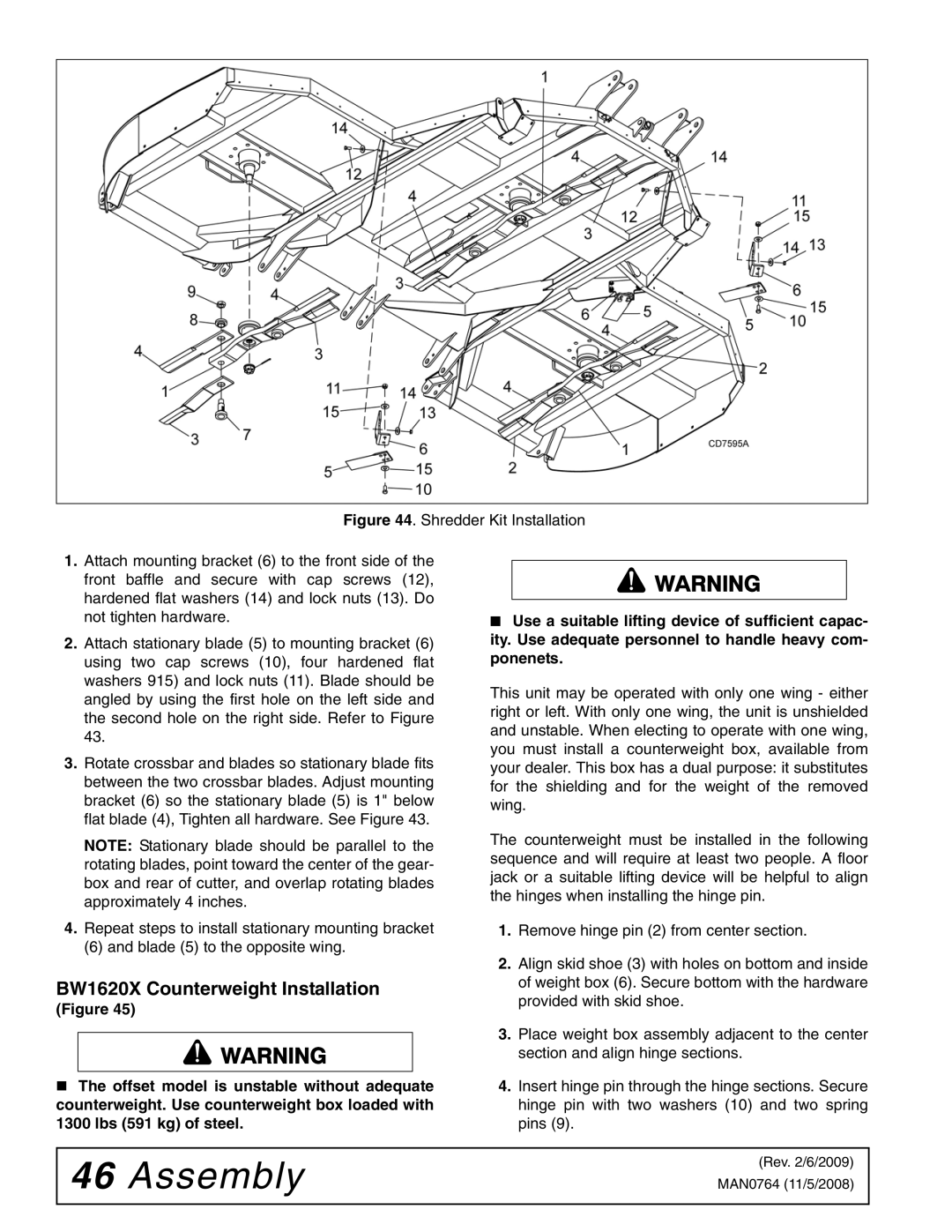 Woods Equipment BW2400XQ, BW1620XQREV manual BW1620X Counterweight Installation 