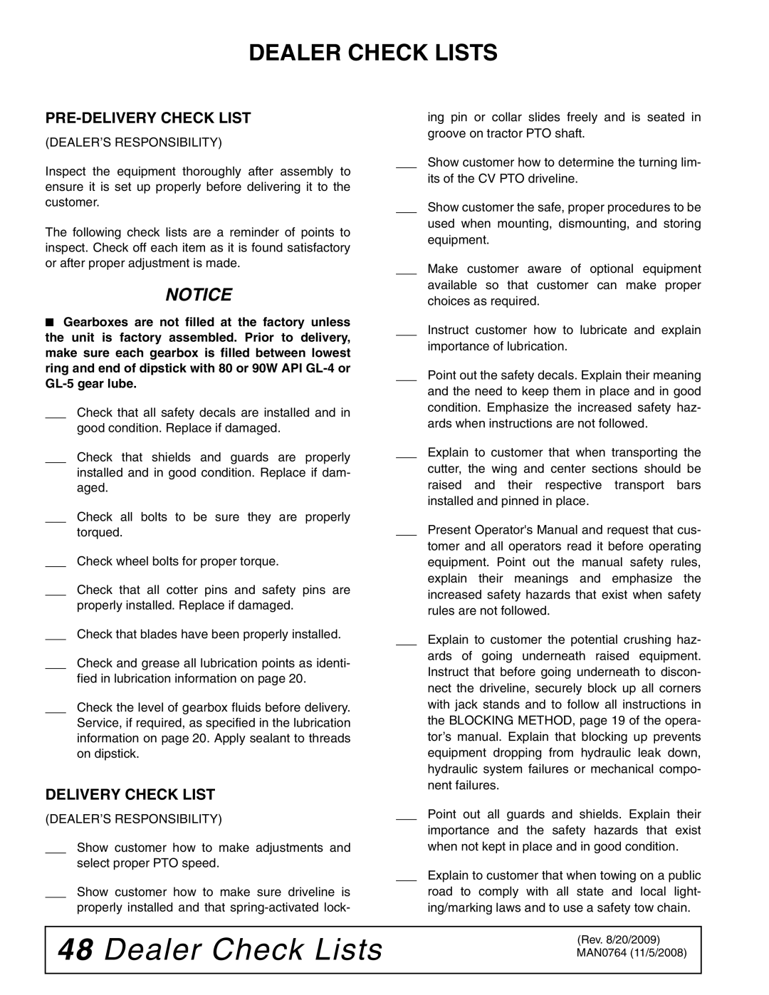 Woods Equipment BW1620XQREV, BW2400XQ manual Dealer Check Lists, PRE-DELIVERY Check List, Delivery Check List 