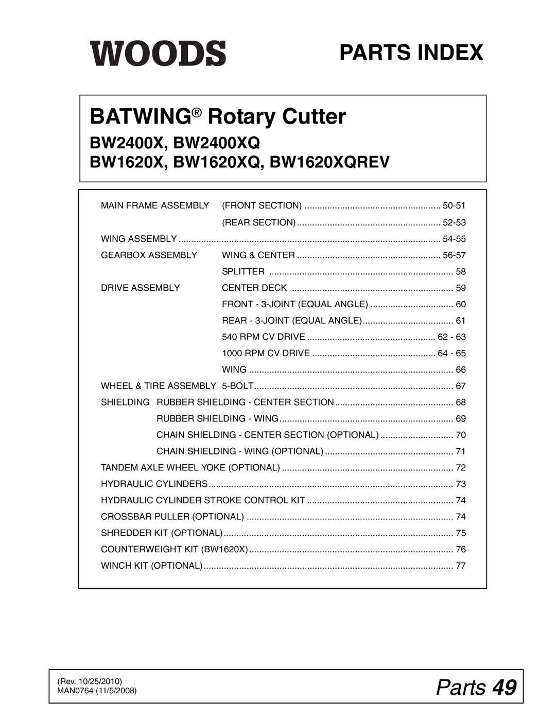 Woods Equipment BW2400XQ, BW1620XQREV manual Parts Index 