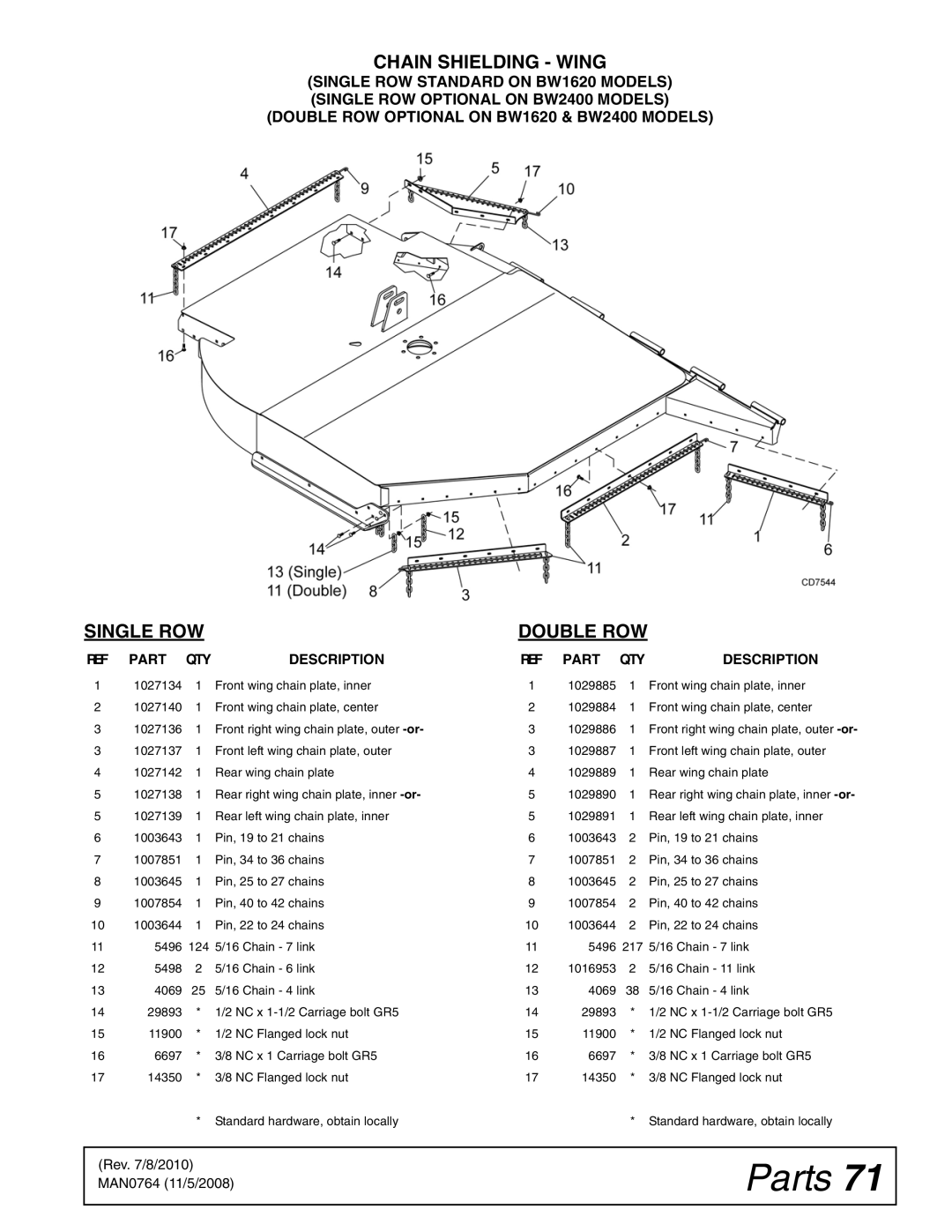 Woods Equipment BW2400XQ, BW1620XQREV manual Chain Shielding Wing 