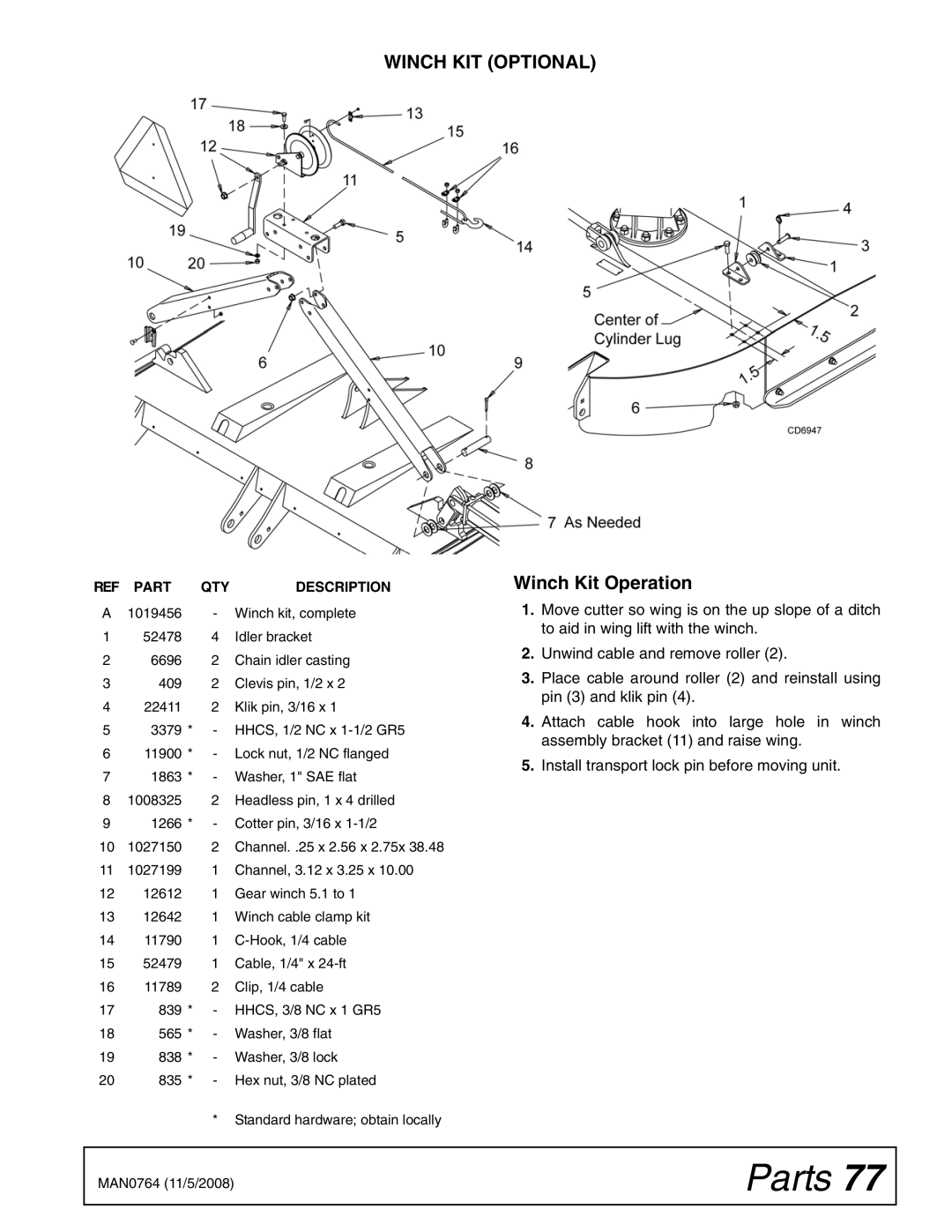 Woods Equipment BW2400XQ, BW1620XQREV manual Winch KIT Optional, Winch Kit Operation 