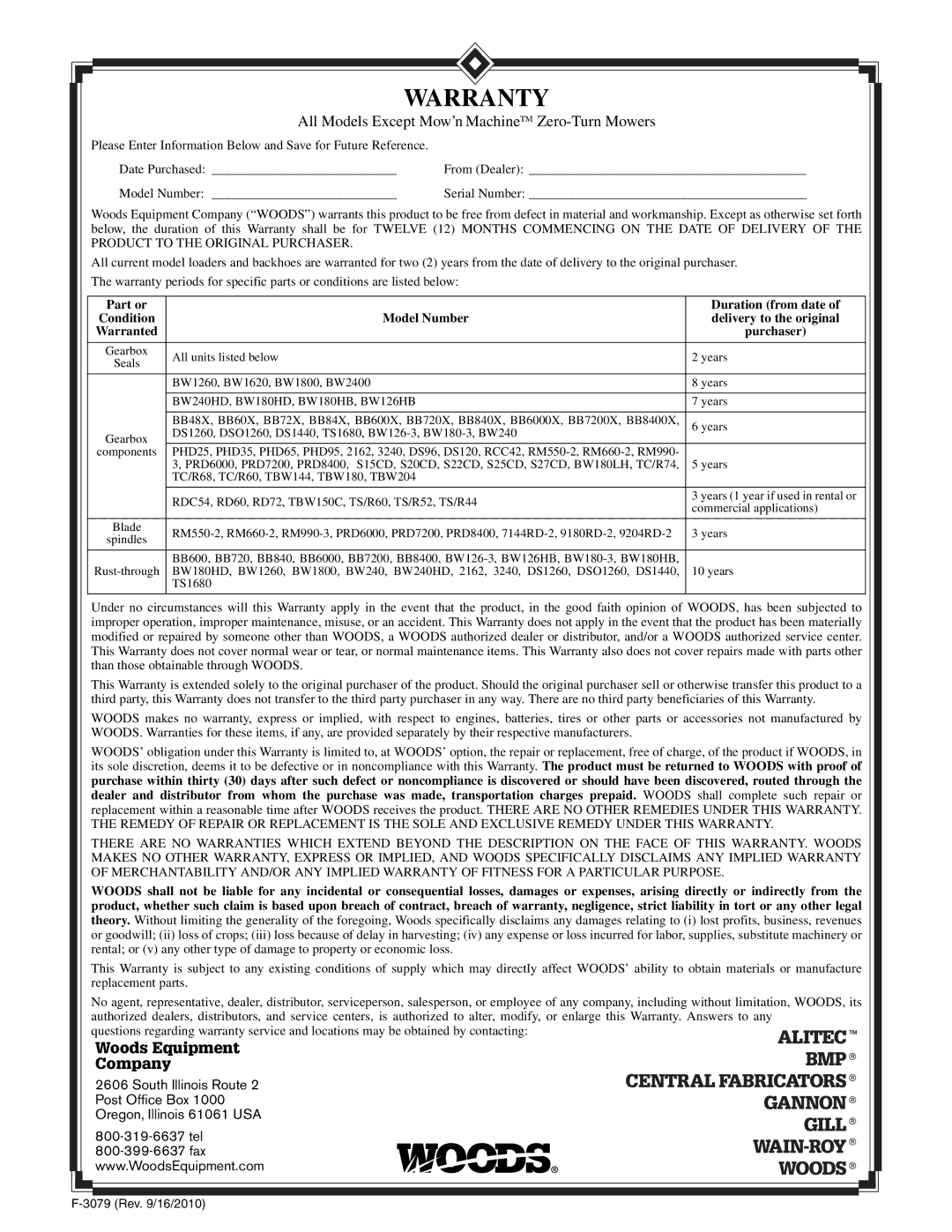 Woods Equipment BW2400XQ, BW1620XQREV manual Warranty 