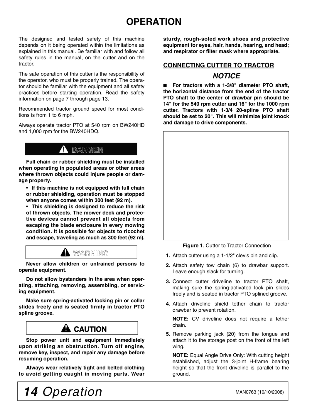 Woods Equipment BW240HDQ manual Operation, Connecting Cutter to Tractor 