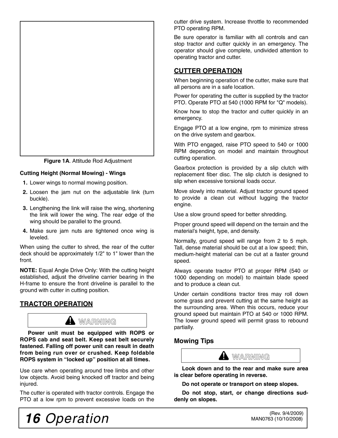 Woods Equipment BW240HDQ manual Tractor Operation, Cutter Operation, Mowing Tips, Cutting Height Normal Mowing Wings 
