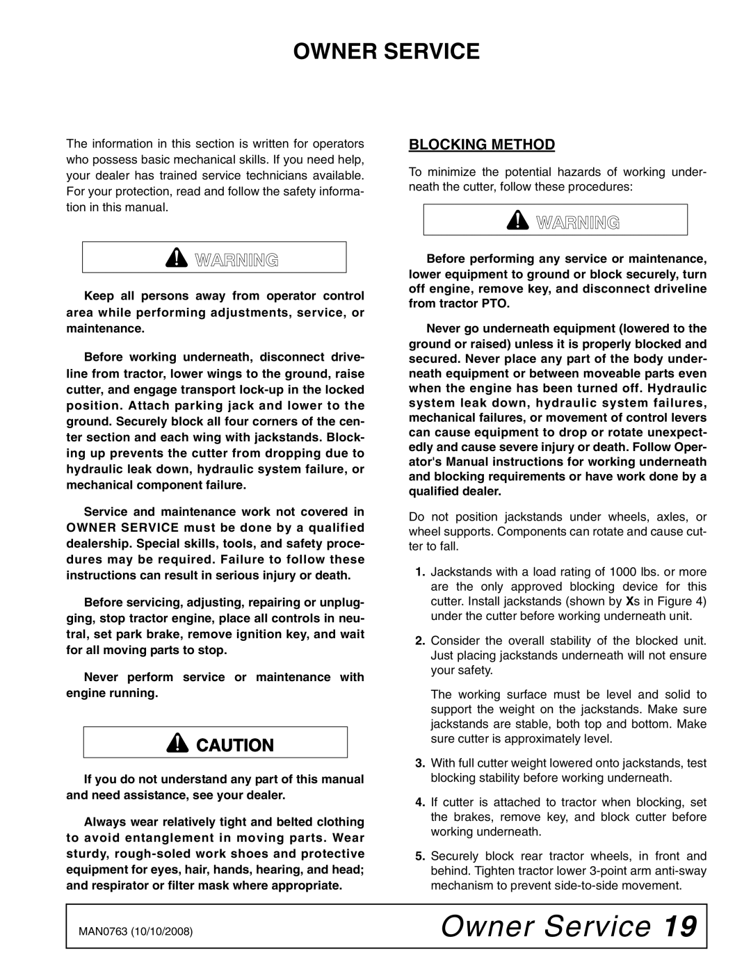 Woods Equipment BW240HDQ manual Owner Service, Blocking Method 