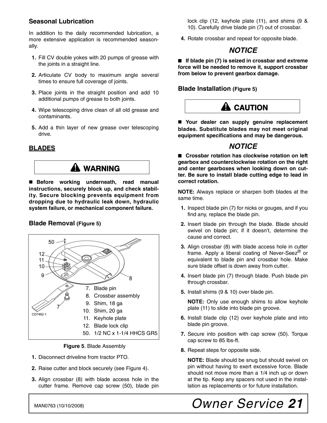 Woods Equipment BW240HDQ manual Seasonal Lubrication, Blades, Blade Removal Figure, Blade Installation Figure 