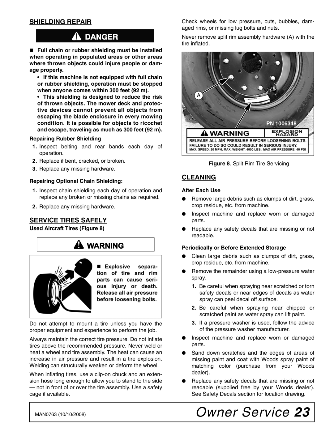 Woods Equipment BW240HDQ manual Shielding Repair, Service Tires Safely, Cleaning 