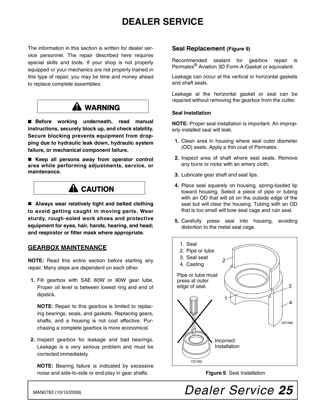 Woods Equipment BW240HDQ manual Dealer Service, Gearbox Maintenance, Seal Replacement Figure, Seal Installation 