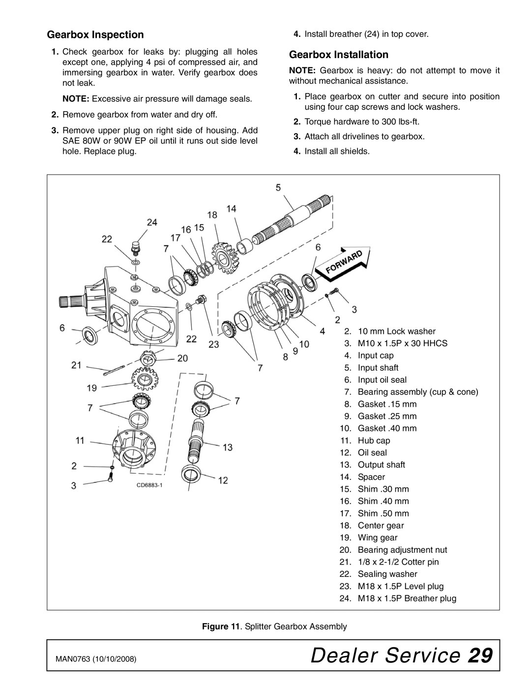 Woods Equipment BW240HDQ manual Gearbox Inspection, Gearbox Installation 