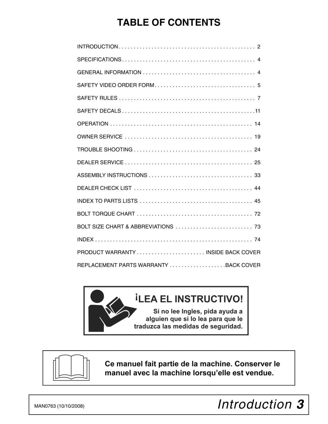 Woods Equipment BW240HDQ manual Table of Contents 