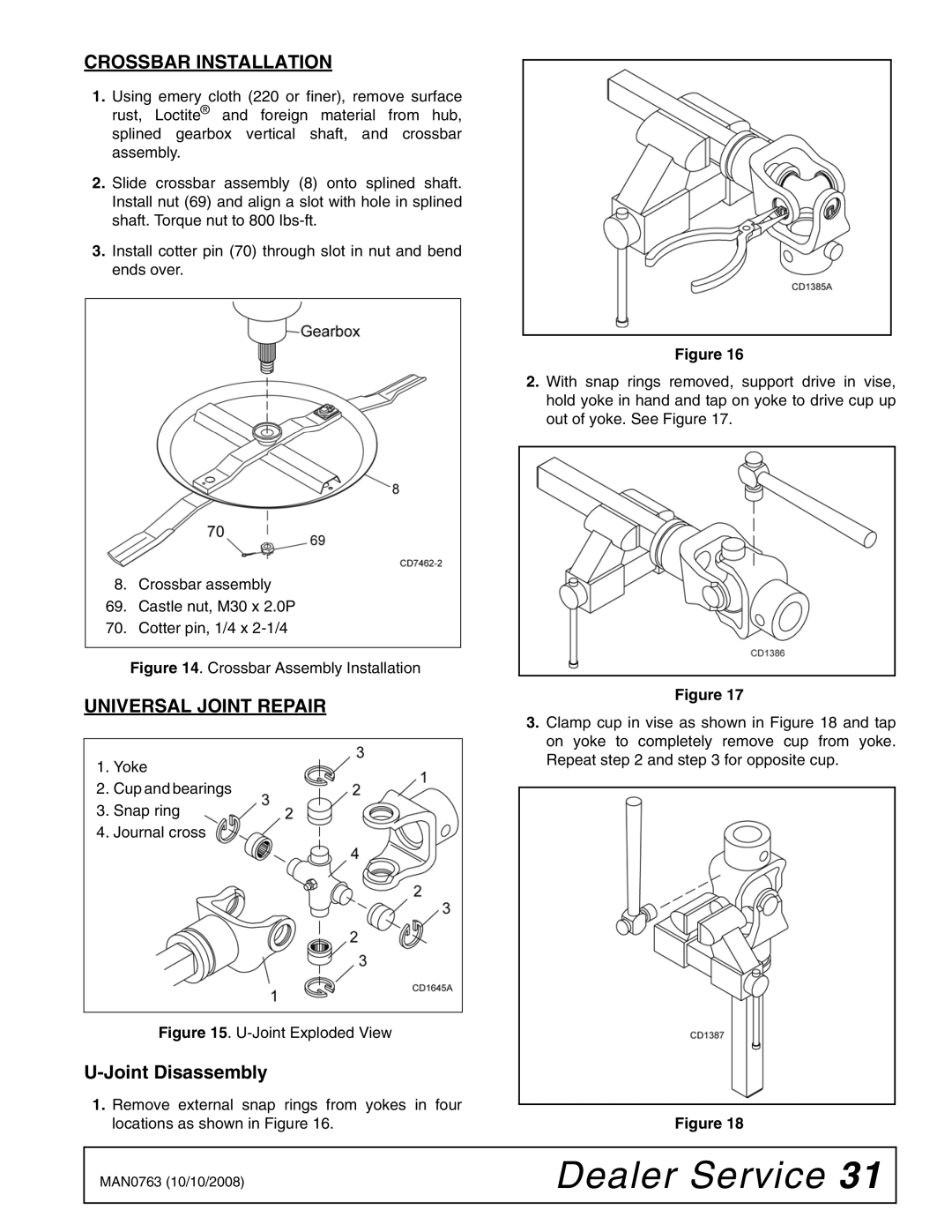 Woods Equipment BW240HDQ manual Crossbar Installation, Universal Joint Repair, Joint Disassembly 