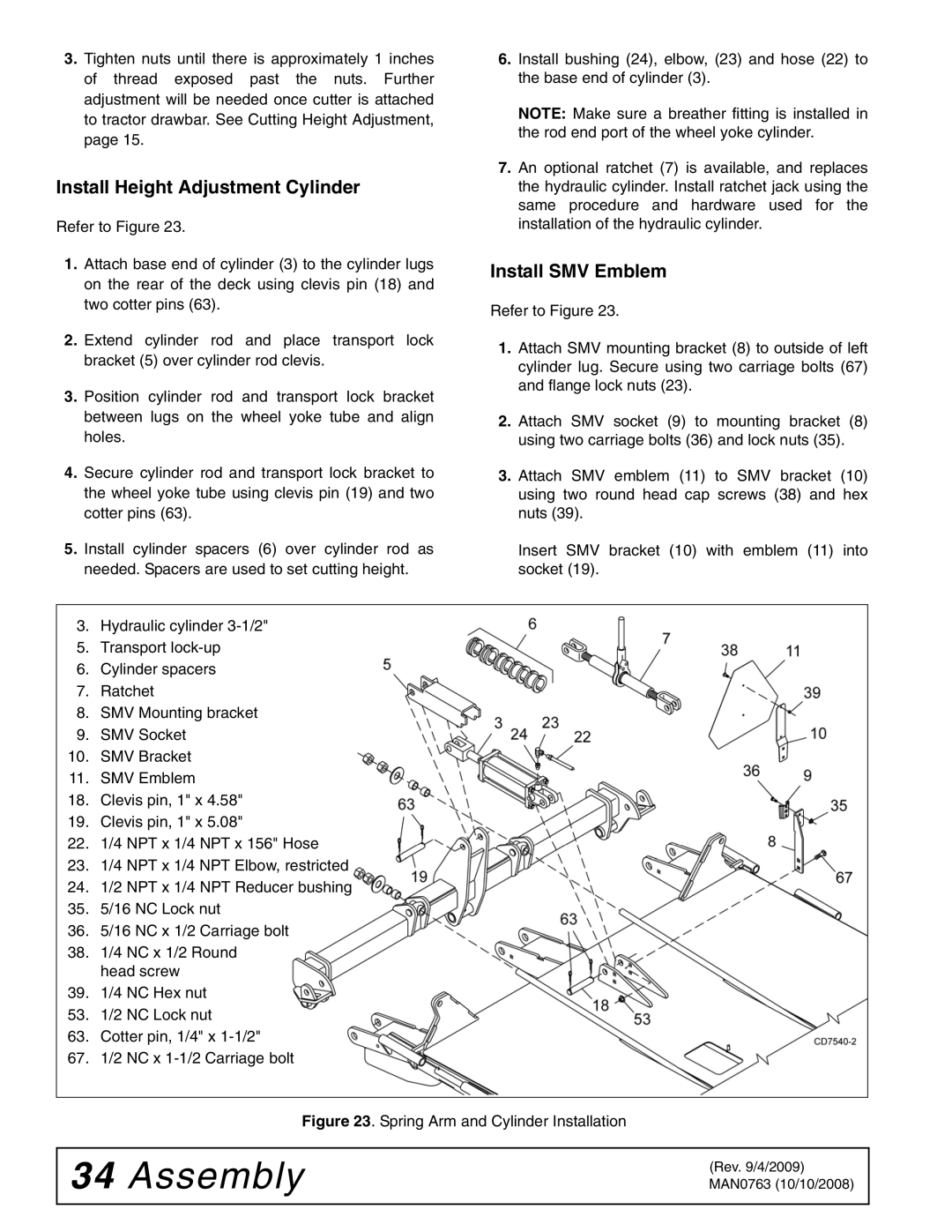 Woods Equipment BW240HDQ manual Install Height Adjustment Cylinder, Install SMV Emblem 