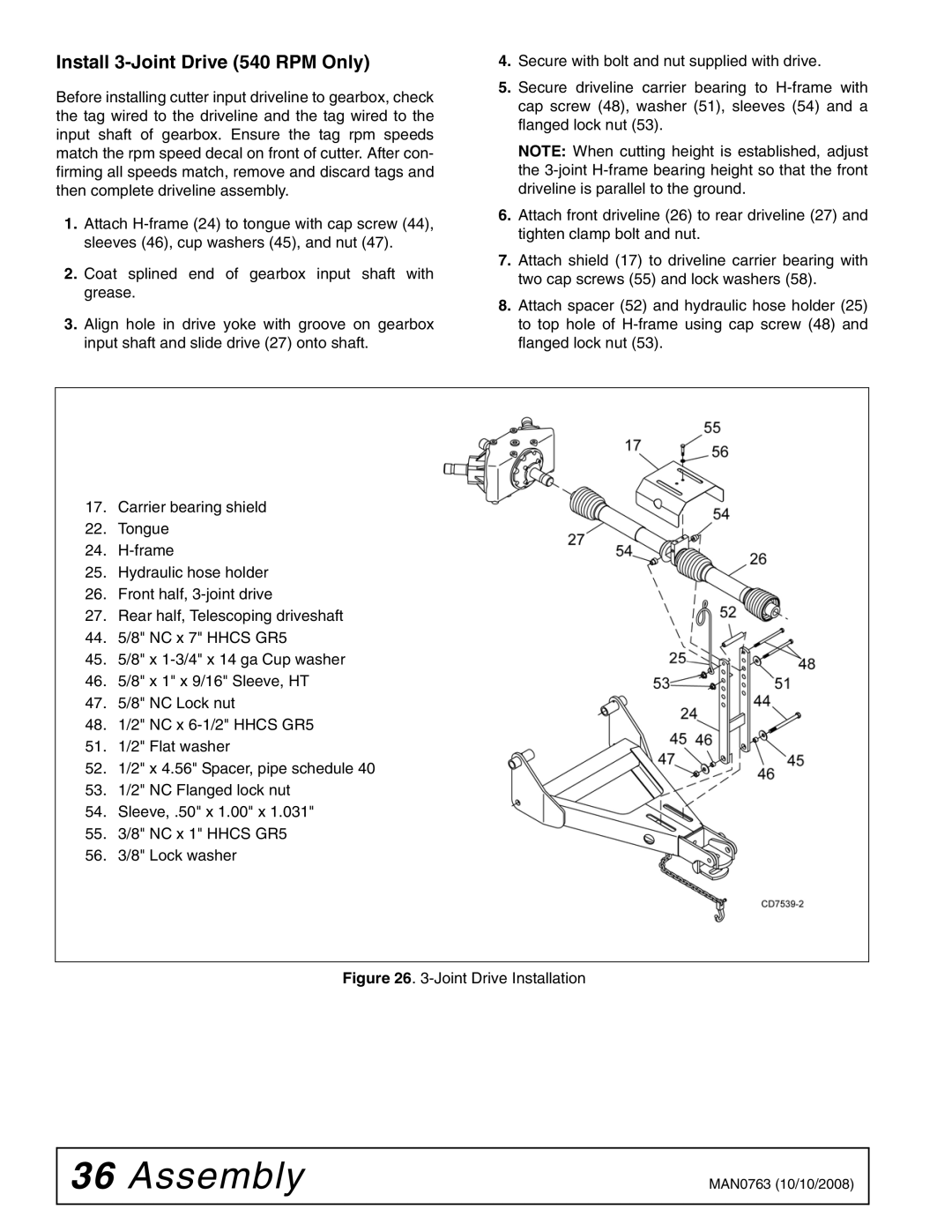 Woods Equipment BW240HDQ manual Install 3-Joint Drive 540 RPM Only, Joint Drive Installation 