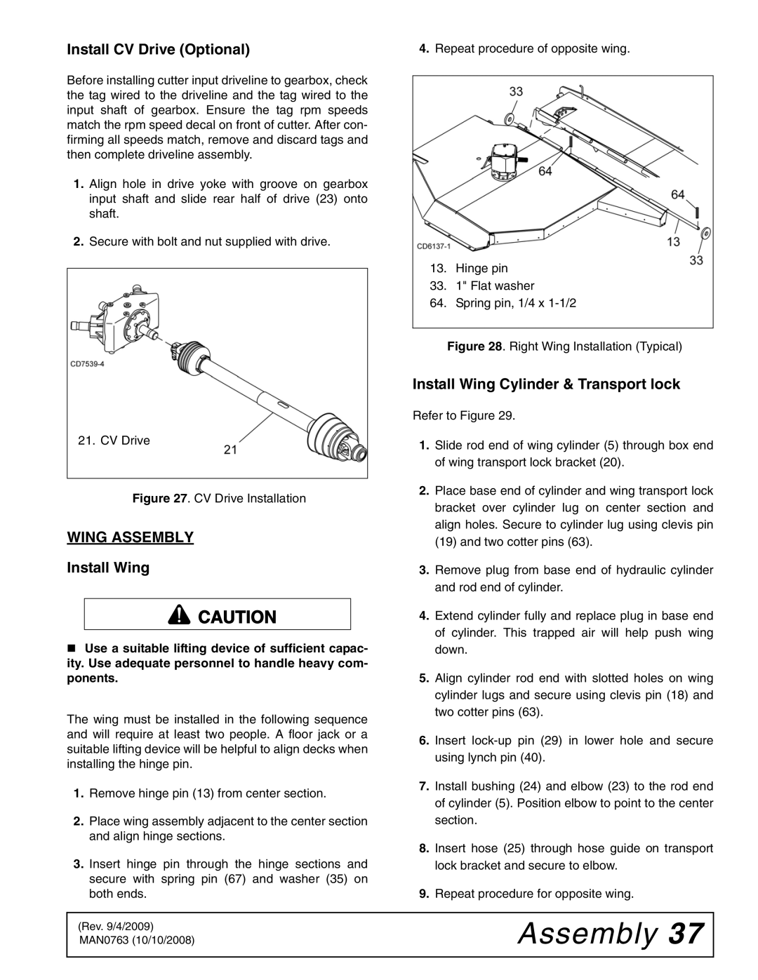 Woods Equipment BW240HDQ manual Install CV Drive Optional, Install Wing Cylinder & Transport lock, Wing Assembly 