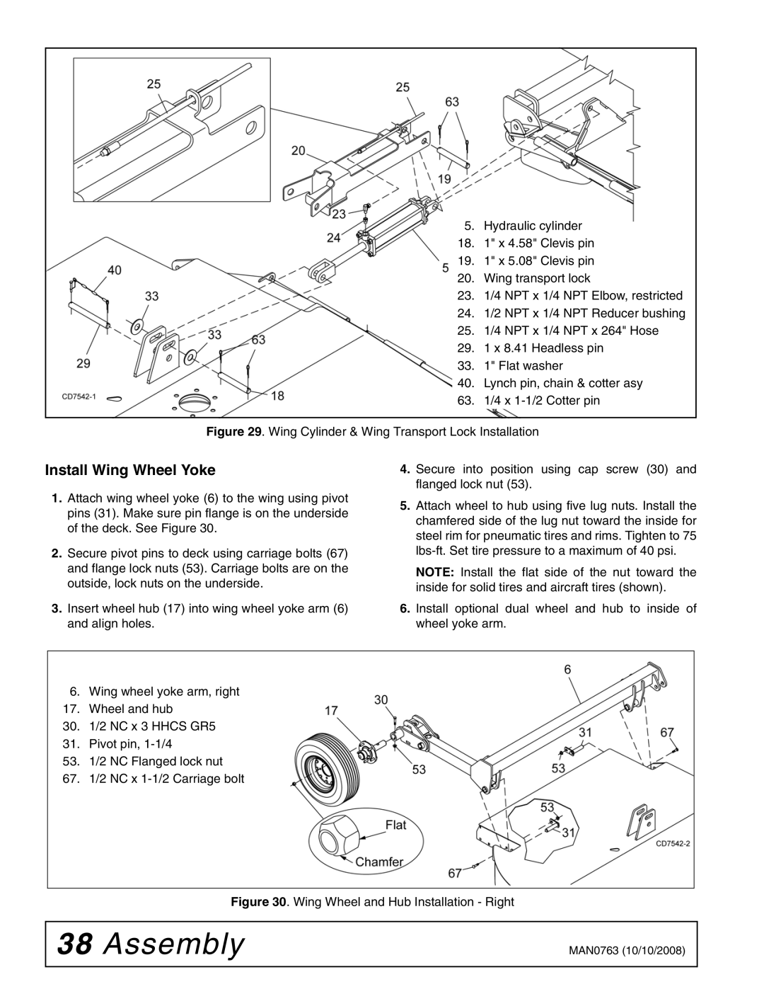 Woods Equipment BW240HDQ manual Install Wing Wheel Yoke, Wing Cylinder & Wing Transport Lock Installation 