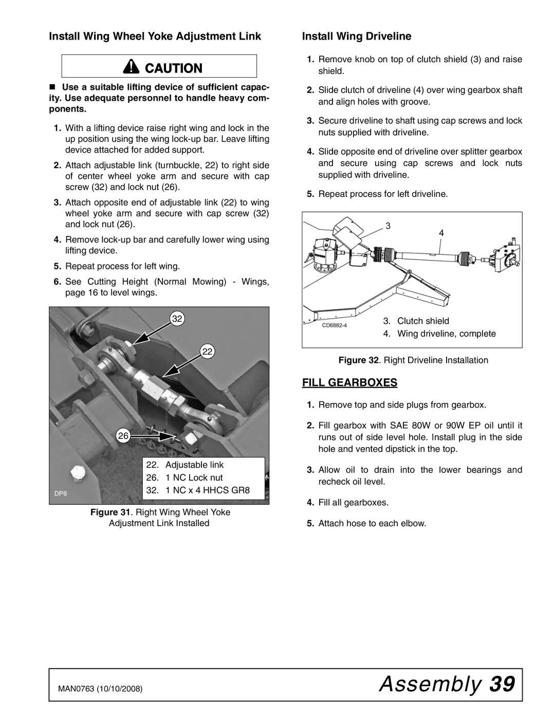 Woods Equipment BW240HDQ manual Install Wing Wheel Yoke Adjustment Link, Install Wing Driveline, Fill Gearboxes 