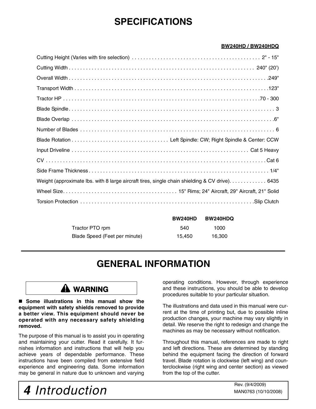 Woods Equipment manual Specifications, General Information, BW240HD / BW240HDQ 