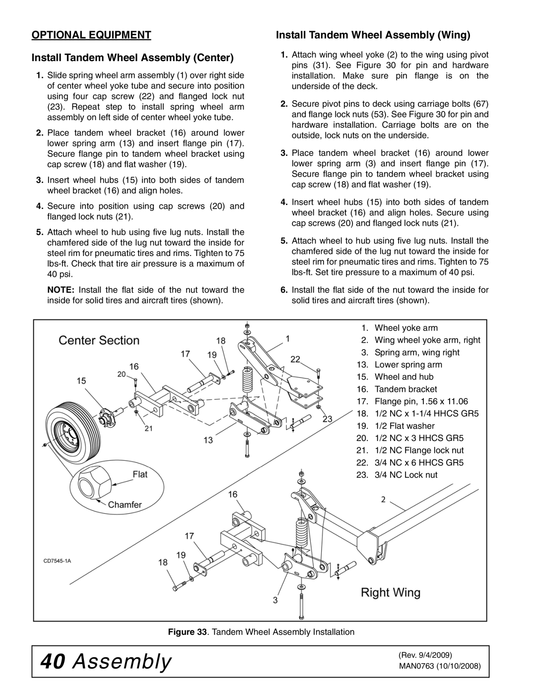 Woods Equipment BW240HDQ Optional Equipment, Install Tandem Wheel Assembly Center, Install Tandem Wheel Assembly Wing 