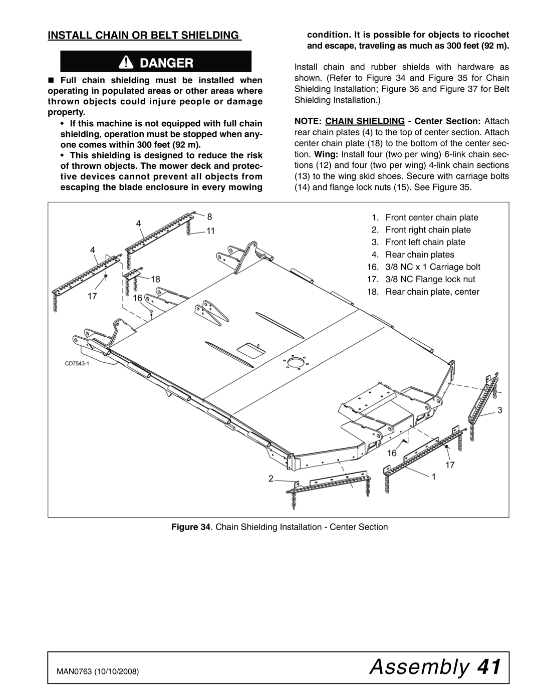 Woods Equipment BW240HDQ manual Install Chain or Belt Shielding, Chain Shielding Installation Center Section 