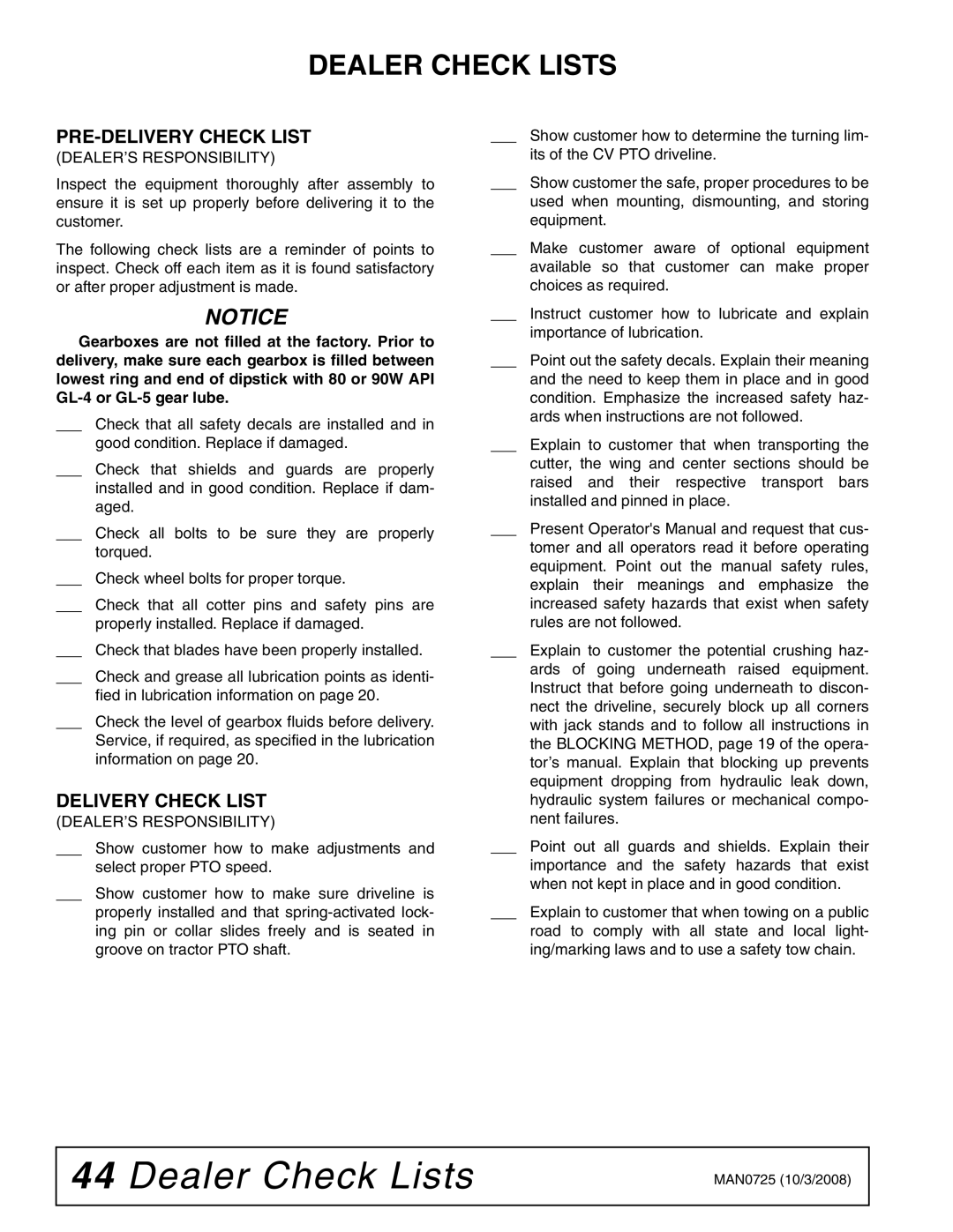 Woods Equipment BW240HDQ manual Dealer Check Lists, PRE-DELIVERY Check List, Delivery Check List 