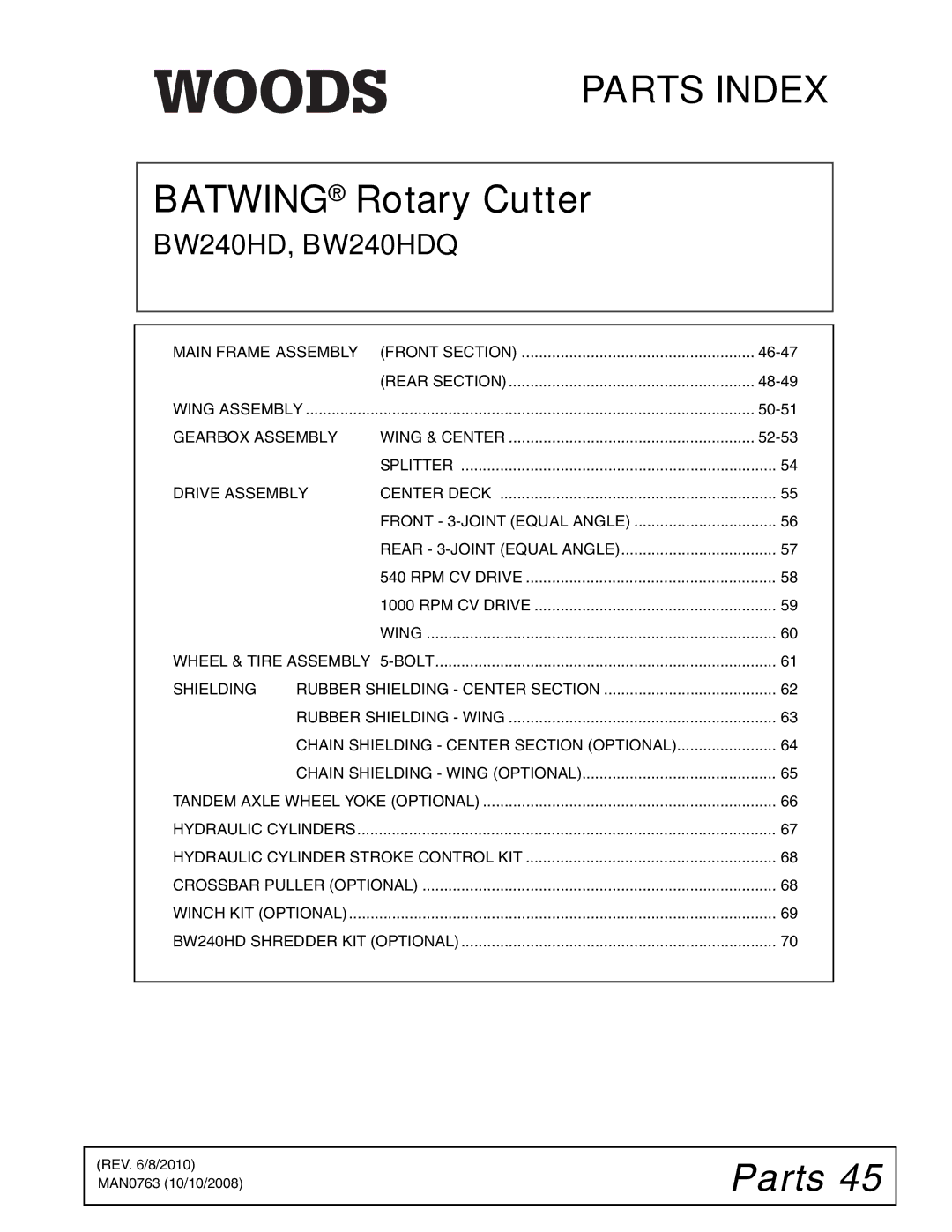 Woods Equipment manual Parts, BW240HD, BW240HDQ 